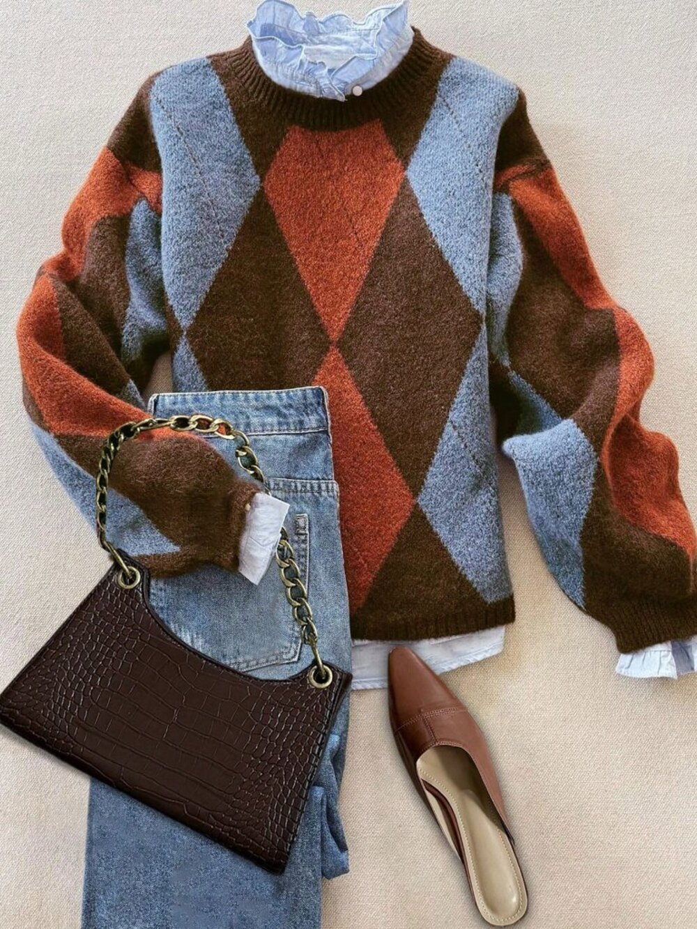Multicolor Casual Women's Loose Geometric Round Neck Rib-Knit Pullovers